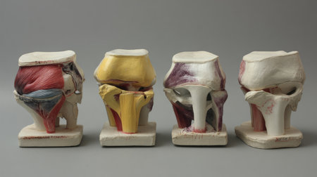 A collection of anatomical models showcasing the human knee joint, emphasizing muscle structure and anatomical details valuable for educational settings in health and biology.の素材