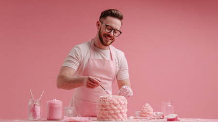 A joyful baker showcases his skills while decorating a pink cake with delicate frosting in a pastel studio. This image captures creativity and passion in baking.の素材