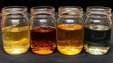 A captivating arrangement of four glass jars showcasing liquids in different hues, creating a visual contrast against a dark background that emphasizes texture and color variety.の素材