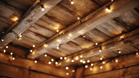 This image captures a cozy rustic ceiling adorned with warm string lights that create an inviting atmosphere for relaxation and gatherings.の素材