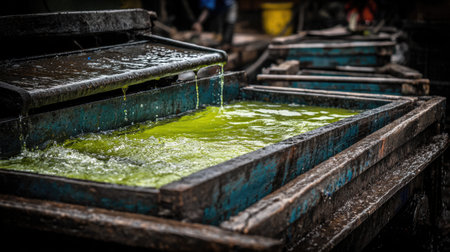 A captivating image showcasing a vibrant green liquid flowing in an aged industrial tray at a busy manufacturing site, highlighting the intricate details of the production process.の素材
