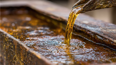 This image captures water flowing gently from a rustic spout into a weathered stone basin, creating a serene and tranquil outdoor scene.の素材