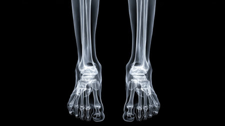 This x-ray image showcases the intricate structure of the human lower leg, focusing on the bones and joints of the feet and ankles in stunning clarity.の素材