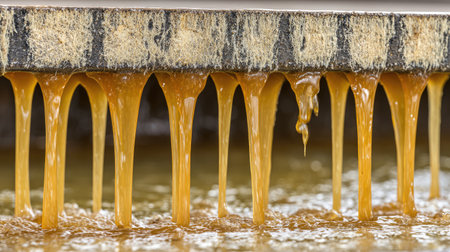Close-up view of amber liquid flowing from a wooden surface, creating a natural ambiance with textures and colors that reflect purity and freshness.の素材