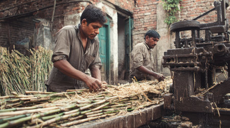 Two dedicated men working together to process sugarcane using machinery in a rustic setting, highlighting traditional agricultural techniques and hard work.の素材