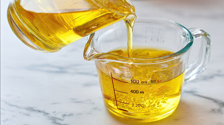 A clear glass measuring cup fills with vibrant cooking oil, showcasing precise measurement lines. Ideal for culinary uses and home cooking scenes.の素材
