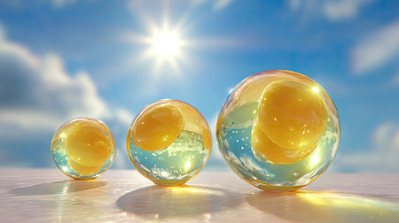 This captivating image features three gelatin spheres filled with yellow centers, glistening under a bright sun against a serene blue sky, evoking beauty and tranquility.の素材
