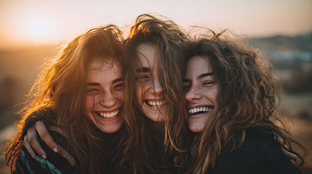 Three joyful friends share a heartfelt embrace during sunset, their laughter and warm smiles capturing the spirit of friendship and carefree moments.の素材