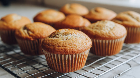 A close-up of freshly baked muffins cooling on a wire rack in a bright kitchen. The muffins are golden brown and fluffy, showcasing a delightful treat perfect for breakfast or snack time.の素材