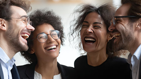 A vibrant scene capturing four friends enjoying a lighthearted moment filled with laughter and joy. Their connection radiates positivity and warmth.の素材