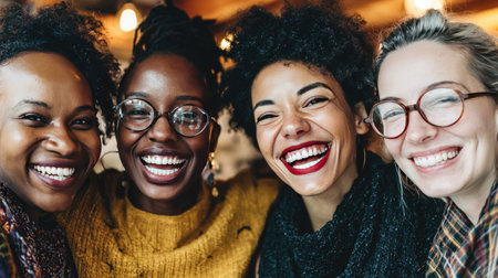 A joyful group of diverse women share smiles and laughter in a cozy indoor setting, capturing the essence of friendship and togetherness.の素材