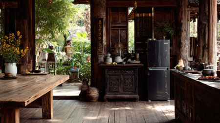 This inviting rustic kitchen features wooden furniture, lush greenery, and bright natural light, creating a warm and cozy atmosphere perfect for cooking and gathering.の素材