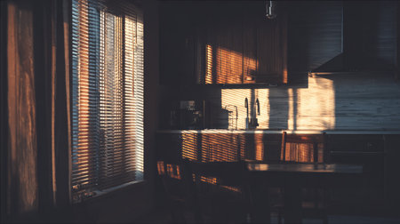A serene kitchen bathed in warm evening light through the window, showcasing soft shadows and inviting textures for a cozy atmosphere.の素材