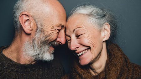 A joyful elderly couple shares an intimate moment filled with laughter and warmth, showcasing the beauty of their enduring love and connection.の素材