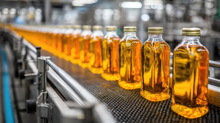 A close-up view of bottles filled with golden oil on a production line, highlighting the modern industrial process of packaging and storage in a factory.の素材