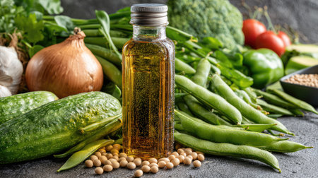 This stunning image captures a bottle of olive oil surrounded by a variety of fresh vegetables and soybeans, perfect for culinary creations and healthy recipes.の素材