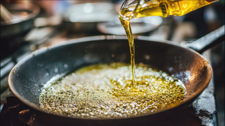 A close-up view of oil being poured into a frying pan, showcasing the shiny liquid reflecting light. This image highlights the art of culinary preparation in a kitchen environment.の素材