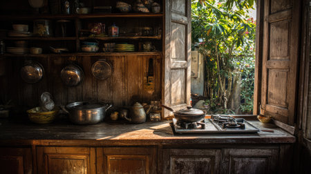 This image showcases a rustic kitchen filled with natural light, highlighting wooden cabinets, a cooking stove, and a cozy ambiance perfect for culinary adventures.の素材