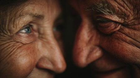 This touching close-up portrait captures an elderly couple sharing a moment of genuine affection, highlighting their deep emotional bond and life experiences.の素材
