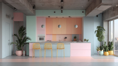 This image showcases a modern minimalist kitchen designed with soft pastel colors, natural plants, and an inviting atmosphere, perfect for contemporary living.の素材