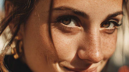This captivating close-up features a young woman with striking freckles and bright eyes, radiating warmth and confidence in natural light.の素材