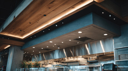 A captivating view of a modern restaurant interior featuring a warm wood ceiling, industrial lighting, and a sleek kitchen setup that invites diners.の素材