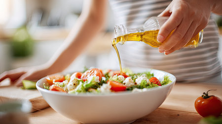 A person is drizzling olive oil from a glass bottle over a fresh salad filled with vibrant tomatoes and leafy greens in a cozy kitchen.の素材