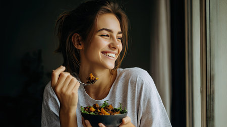 A joyful young woman delights in a nutritious salad while sitting by the window, showcasing a vibrant and healthy lifestyle in a cozy setting.の素材