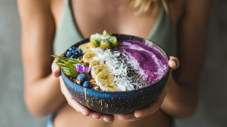 A vibrant and healthy smoothie bowl filled with fresh fruits and seeds, held by a young woman in a casual setting, perfect for wellness and nutrition.の素材