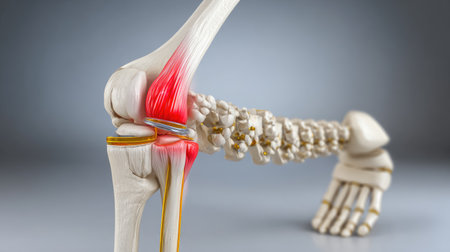 This anatomical model showcases the human knee joint with highlighted muscular structures, ideal for educational purposes and visual reference in anatomy studies.の素材