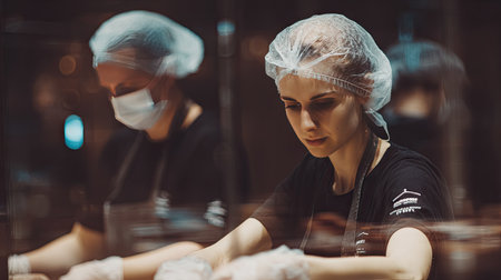 A dedicated worker in a hairnet and gloves focuses on preparing food in a bustling commercial kitchen. Behind, colleagues enhance the teamwork atmosphere.の素材