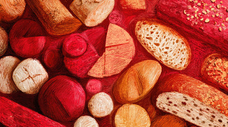 A vivid and artistic arrangement of various bakery goods showcases a colorful display on a striking red background, emphasizing texture and design.の素材