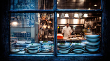 A captivating view of a busy restaurant kitchen through a window, showcasing clean plates stacked up and a chef diligently preparing meals in a vibrant culinary environment.の素材