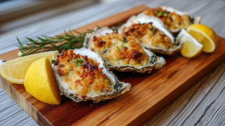 Indulge in delicious baked oysters, perfectly garnished with fresh lemon and herbs. This beautiful dish is ideal for seafood lovers and gourmet dining occasions.の素材