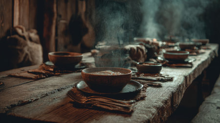 A captivating rustic dining setup featuring steam rising from bowls on a wooden table, creating a cozy atmosphere perfect for gatherings and meals.の素材