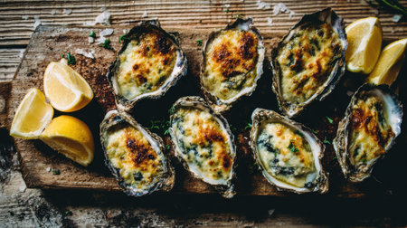 Indulge in gourmet baked oysters presented on a wooden board, complemented by fresh lemon wedges and herbs, perfect for a festive gathering or intimate dinner.の素材