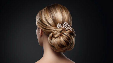This stunning image showcases an elegant updo hairstyle adorned with decorative hair accessories, perfect for special occasions and events. The intricate design highlights beauty and sophistication.の素材