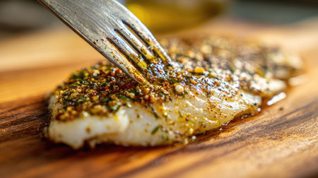 Close-up view of a seasoned fish fillet placed on a wooden cutting board, ready for cooking. The vibrant spices enhance the dish's appeal, ideal for culinary presentations.の素材