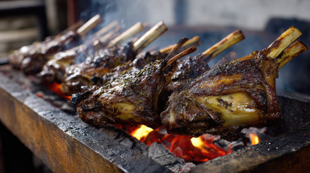 Enjoy the mouthwatering sight of grilled lamb chops sizzling over an open flame, bringing rustic outdoor cooking to life with smoky flavors and tender textures.の素材