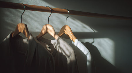 A serene and minimalistic scene featuring clothing hangers casting soft shadows, highlighting the textures and simplicity of modern fashion in a stylish indoor setting.の素材