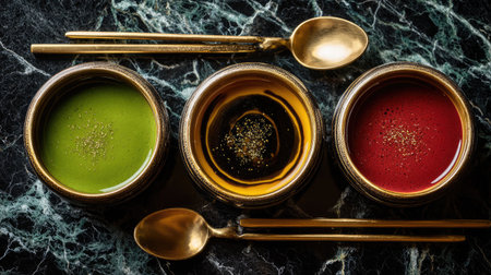 This captivating image features three bowls of colorful natural powders arranged on a dark marble surface, accompanied by elegant golden spoons and chopsticks.の素材