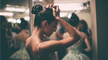 A poised young dancer prepares for her performance in a backstage dressing room, highlighting her graceful silhouette and elegant hairstyle amidst soft lighting.の素材