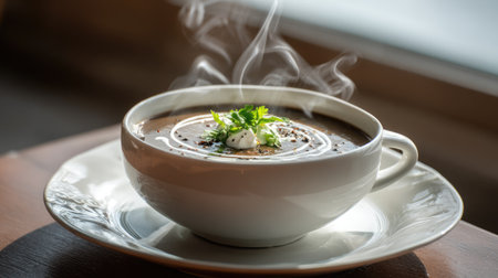 This image showcases a steaming bowl of creamy soup, elegantly garnished with fresh herbs. The warm lighting creates a cozy atmosphere, perfect for dining.の素材