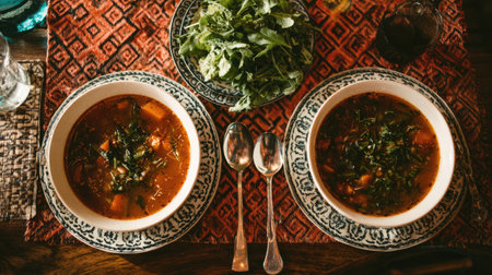 Enjoy a delicious bowl of warm soup garnished with fresh herbs, complemented by a side of leafy greens, presented in a rustic and inviting setting.の素材