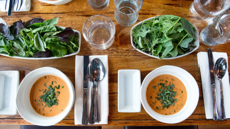 A stylish dining arrangement featuring bowls of rich soup and fresh greens ready for a nutritious meal. Perfect for modern restaurant design.の素材