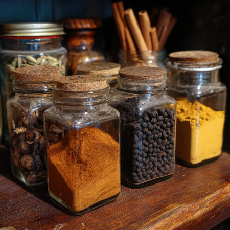 A collection of glass jars filled with vibrant spices and herbs, showcasing a rustic kitchen setting with wooden elements. Perfect for culinary themes.の素材