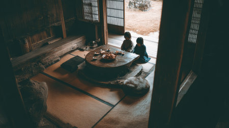Two children enjoy a cozy moment in a traditional Japanese room, surrounded by tatami mats and a rustic wooden table, emphasizing innocence and friendship.の素材