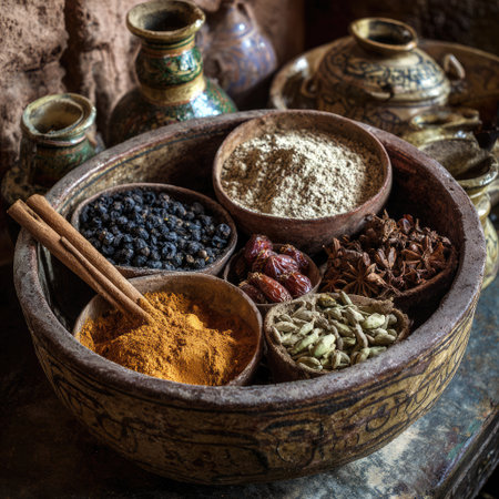 A vibrant assortment of spices displayed in a rustic pottery bowl, highlighting rich colors and textures. Ideal for culinary inspiration and gastronomic exploration.の素材