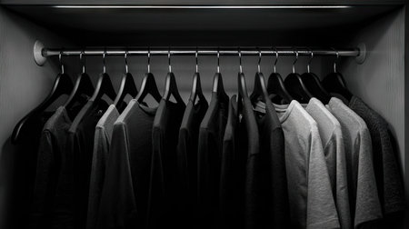 A visually striking minimalist closet showcases neatly hung black and gray t-shirts on elegant hangers, emphasizing organization and style in fashion.の素材
