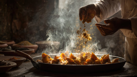 A skilled chef meticulously prepares a traditional dish, adding fragrant spices in a warm, rustic kitchen, creating a magical culinary experience.の素材